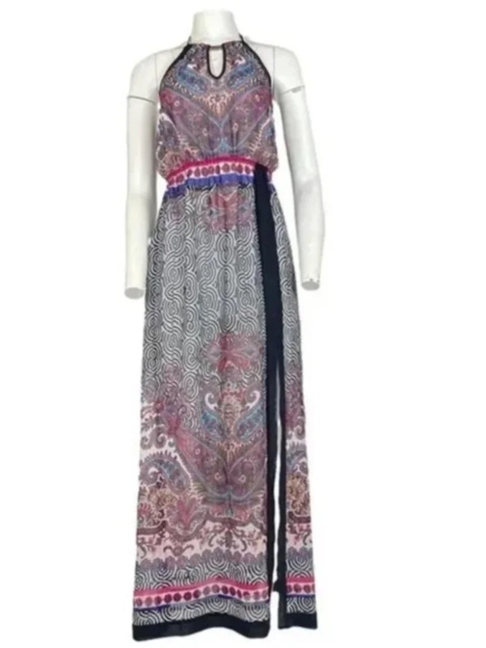 Bebe Paisley Halter Belted Side Slit Maxi Dress XS - Picture 2 of 6